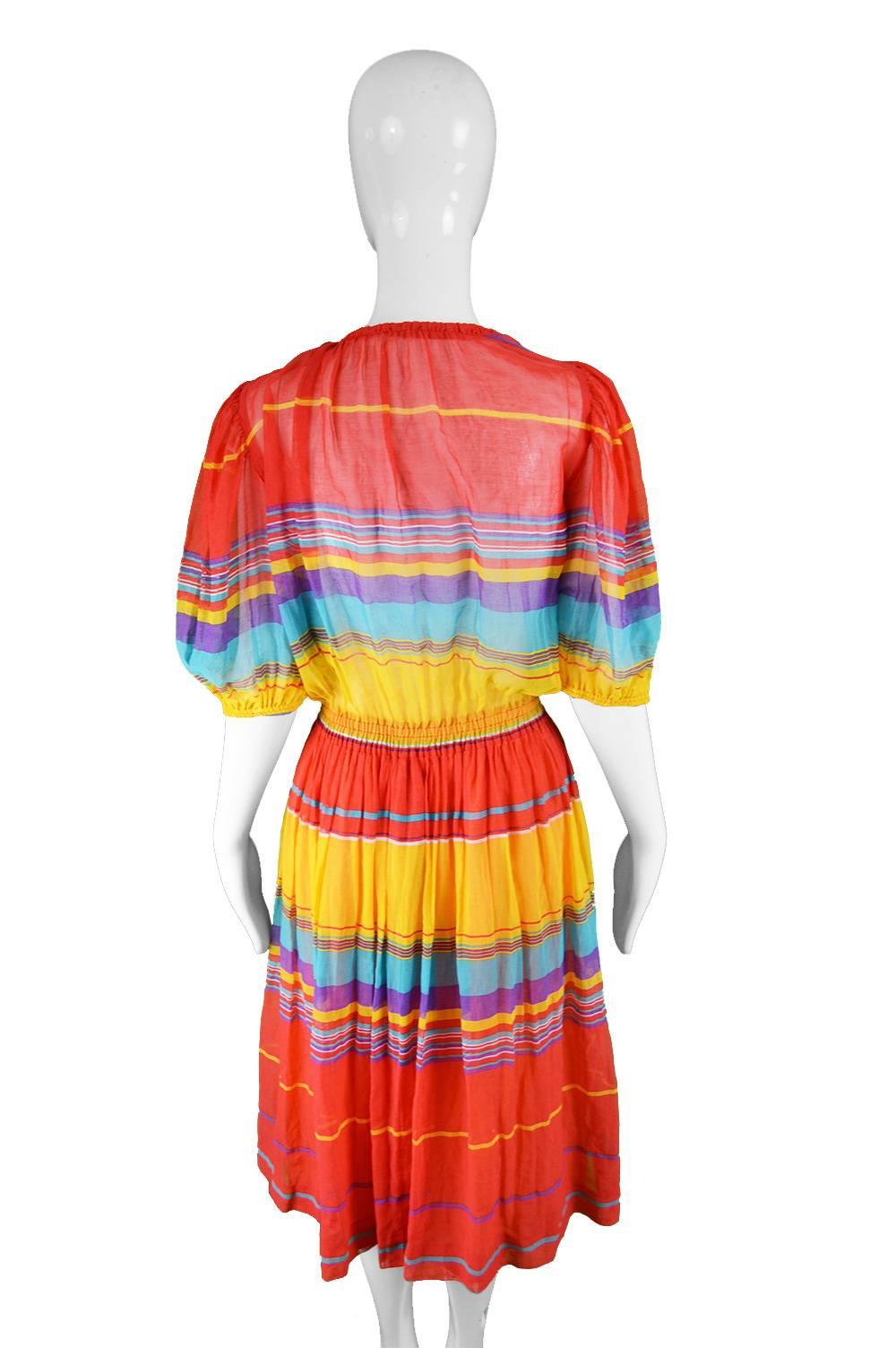 Céline Vintage Brightly Multicolored Cotton Gauze Striped Peasant Dress, 1970s 2