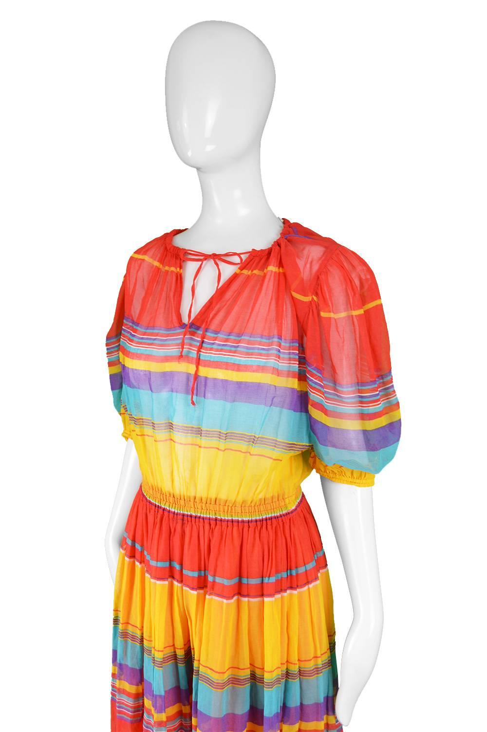 Céline Vintage Brightly Multicolored Cotton Gauze Striped Peasant Dress, 1970s In Good Condition For Sale In Doncaster, South Yorkshire