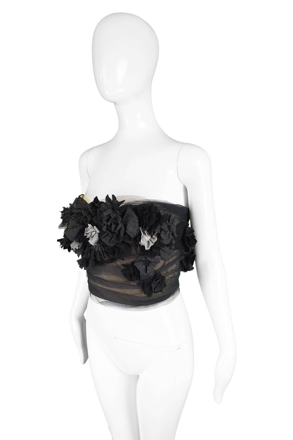 Bruce Oldfield Couture Vintage Nude Silk, Tulle & Wool Floral Bustier, 1990s 1