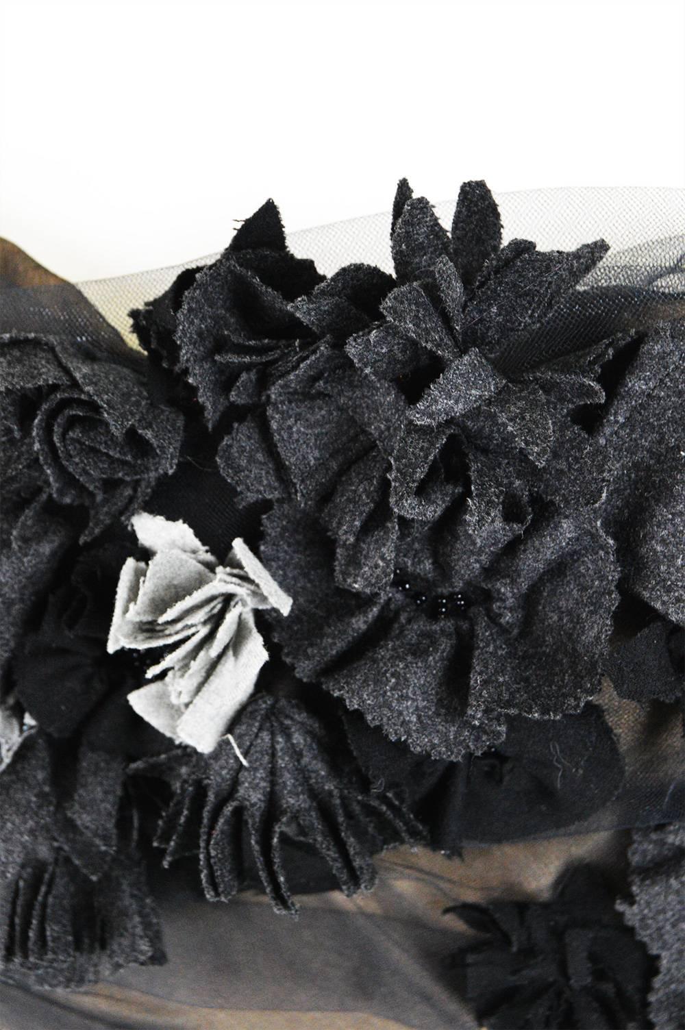 Black Bruce Oldfield Couture Vintage Nude Silk, Tulle & Wool Floral Bustier, 1990s For Sale