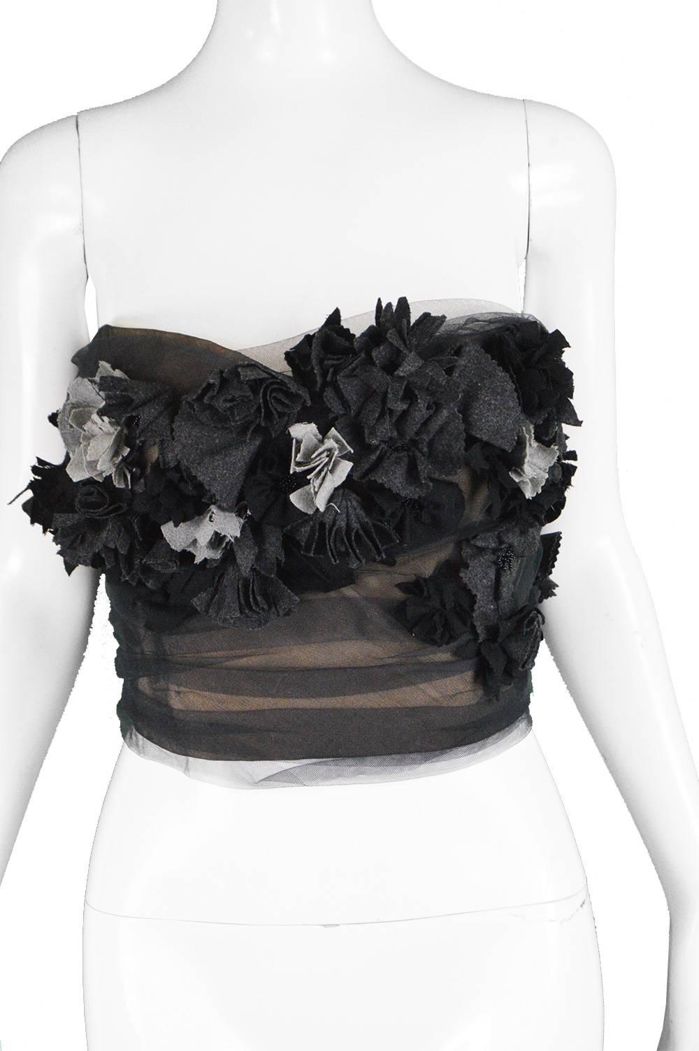 Bruce Oldfield Couture Vintage Nude Silk, Tulle & Wool Floral Bustier, 1990s 2
