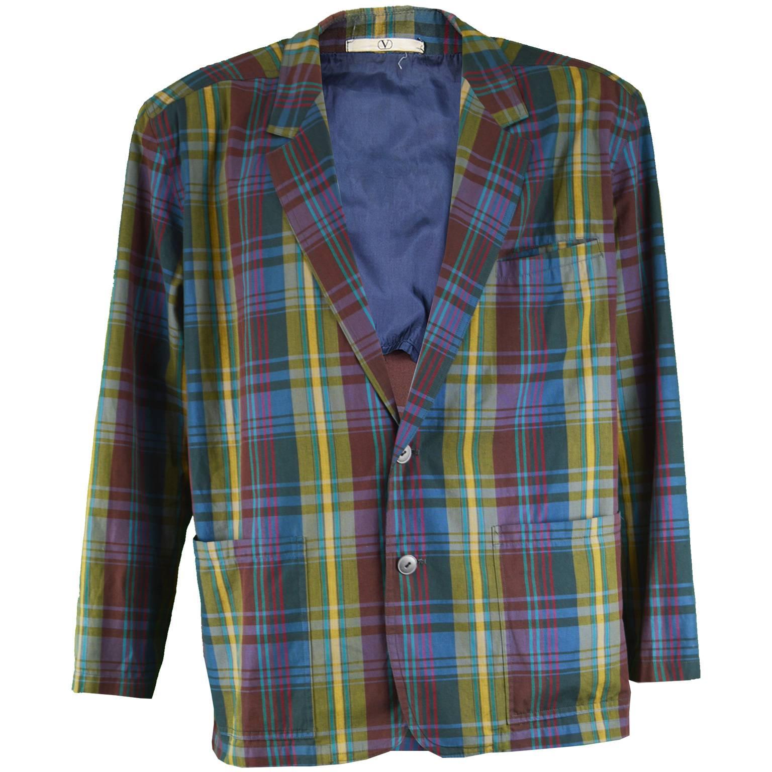 Valentino Men's Oversized Vintage Cotton Plaid Check Blazer Jacket, 1980s