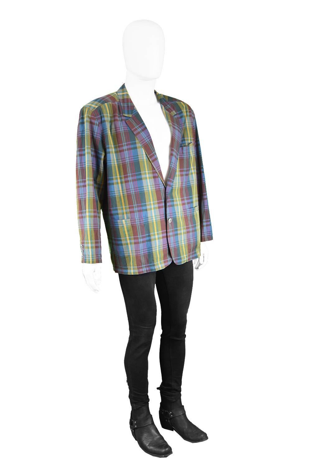 Valentino Men's Oversized Vintage Cotton Plaid Check Blazer Jacket, 1980s In Good Condition In Doncaster, South Yorkshire