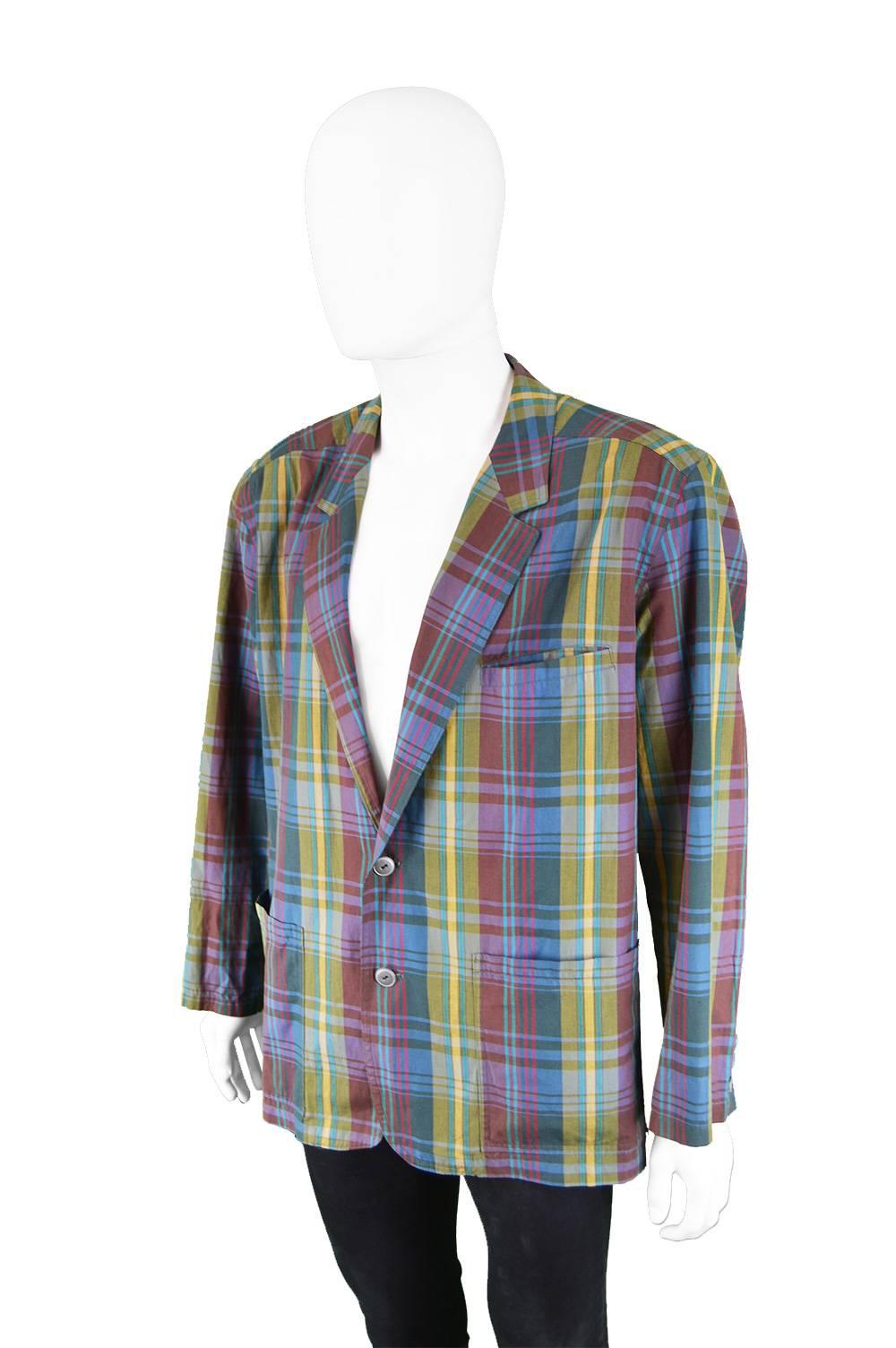 Valentino Men's Oversized Vintage Cotton Plaid Check Blazer Jacket, 1980s 1