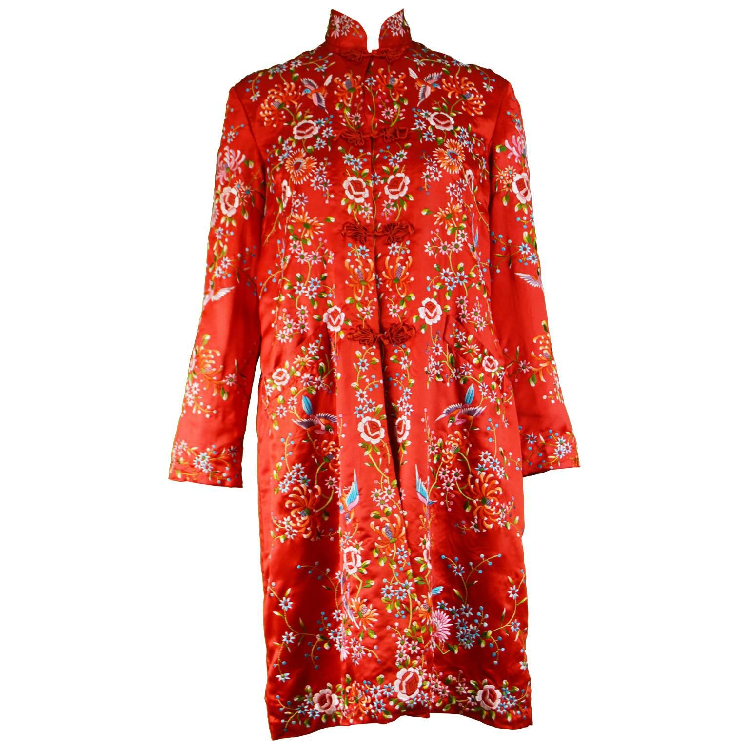 Vintage Red Silk Satin Embroidered Flowers & Bird Chinese Jacket, 1960s