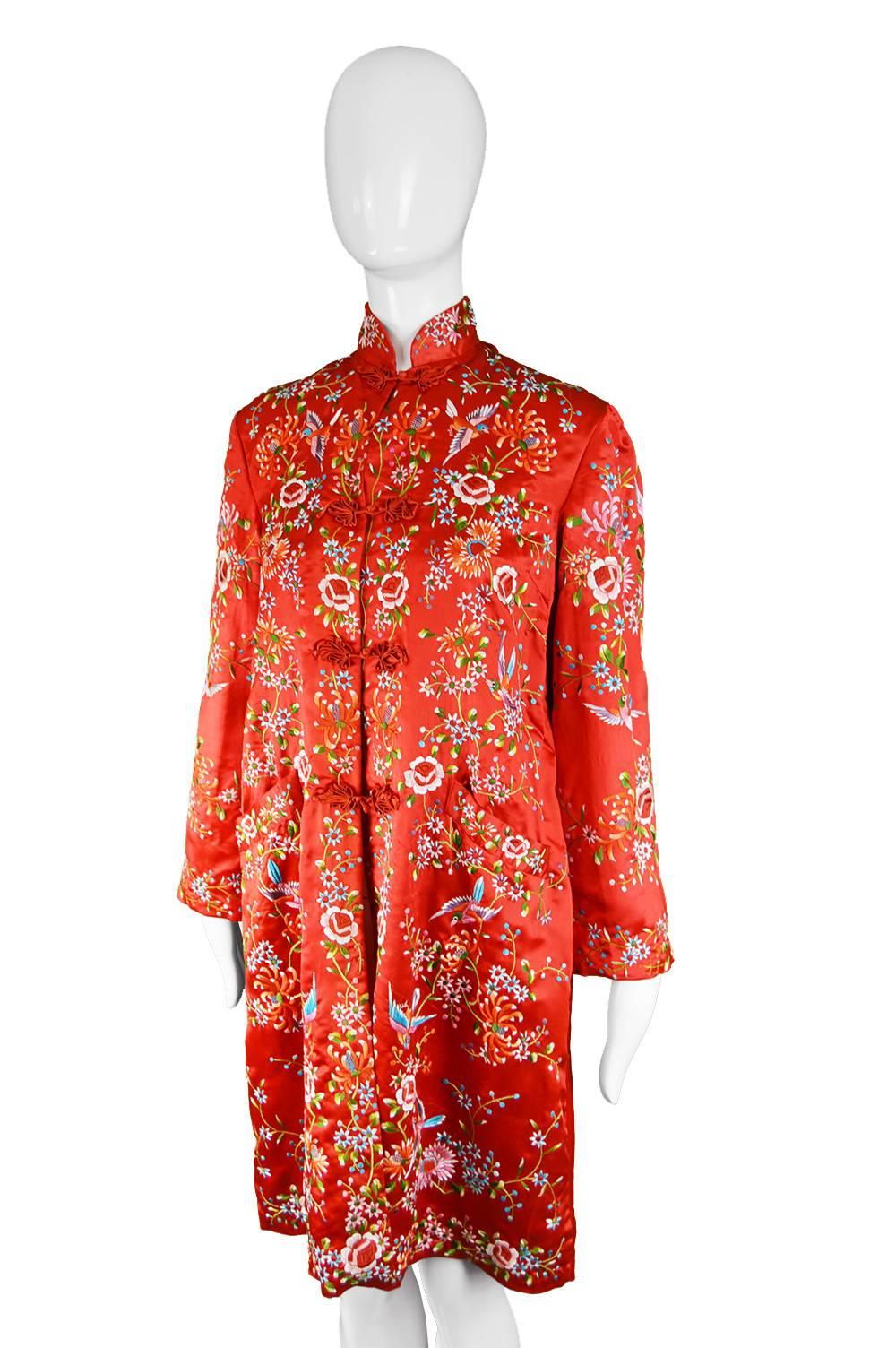 Women's or Men's Vintage Red Silk Satin Embroidered Flowers & Bird Chinese Jacket, 1960s