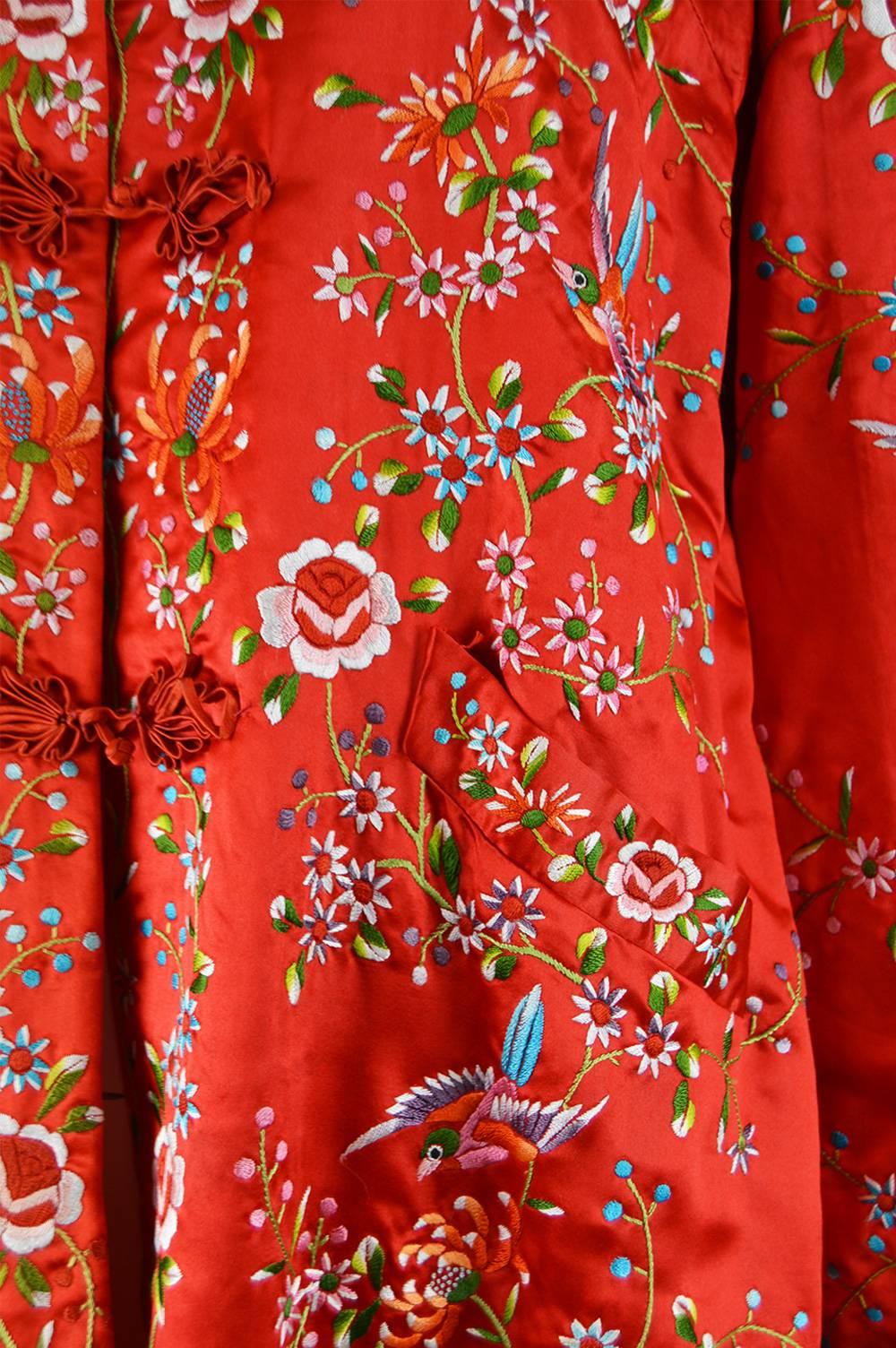 Vintage Red Silk Satin Embroidered Flowers & Bird Chinese Jacket, 1960s 1
