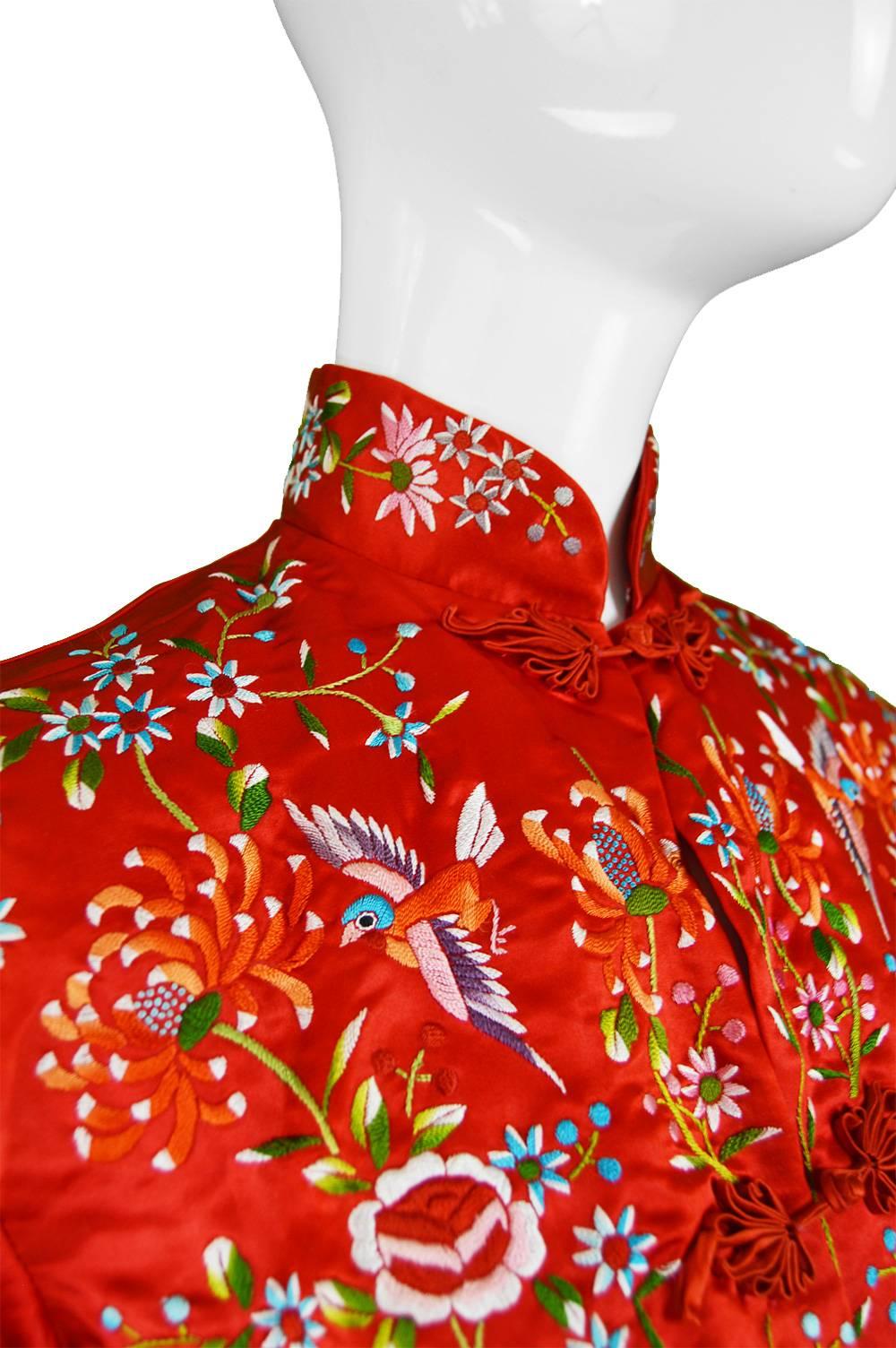 Vintage Red Silk Satin Embroidered Flowers & Bird Chinese Jacket, 1960s 2