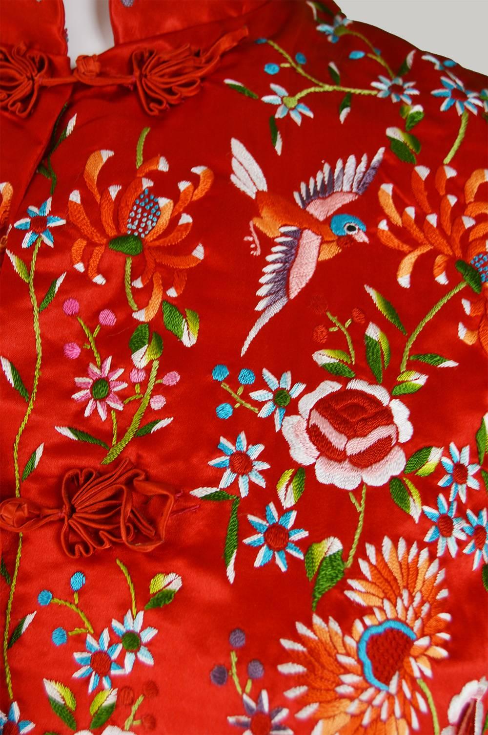Vintage Red Silk Satin Embroidered Flowers & Bird Chinese Jacket, 1960s In Excellent Condition In Doncaster, South Yorkshire