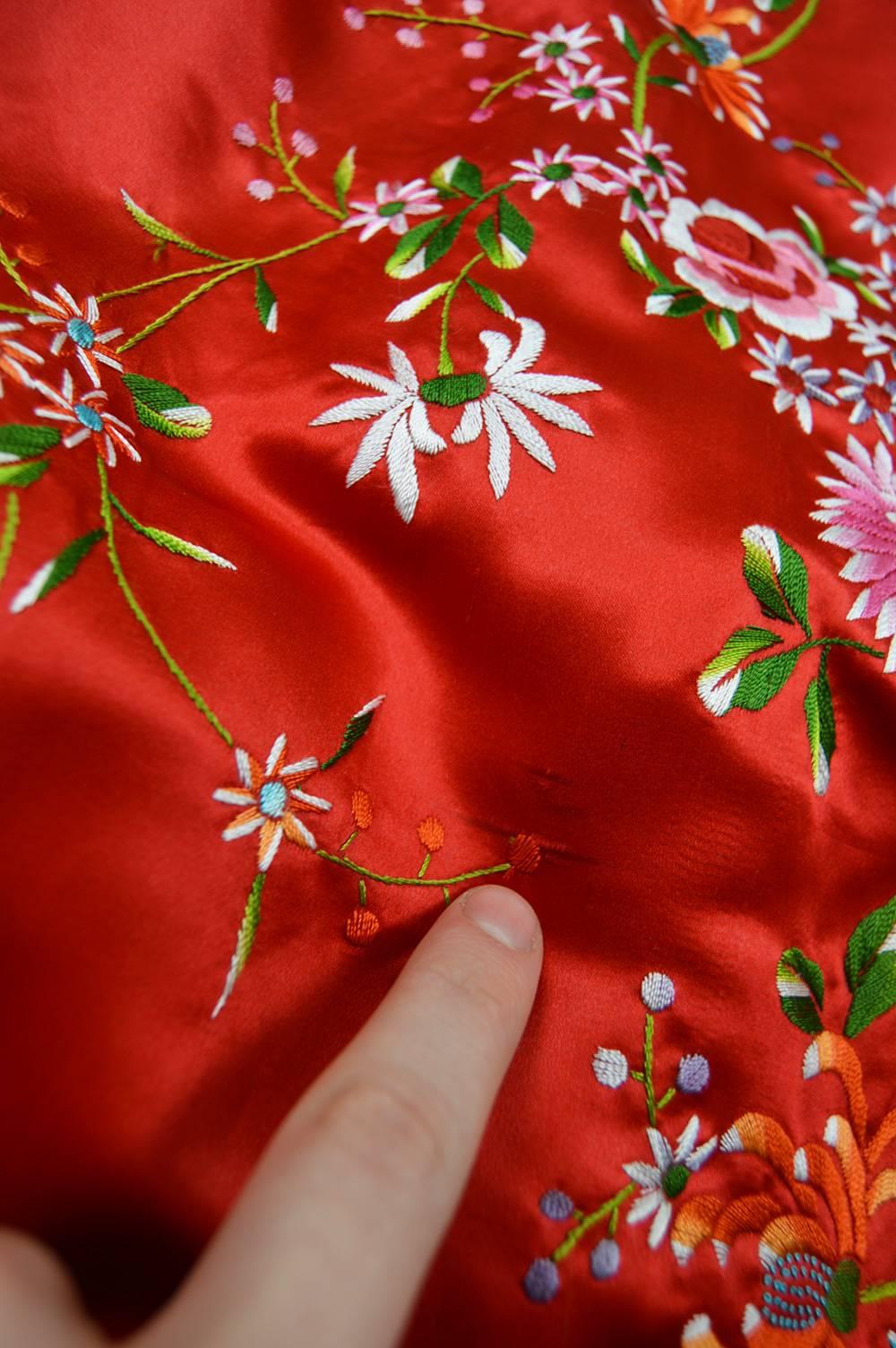 Vintage Red Silk Satin Embroidered Flowers & Bird Chinese Jacket, 1960s 6