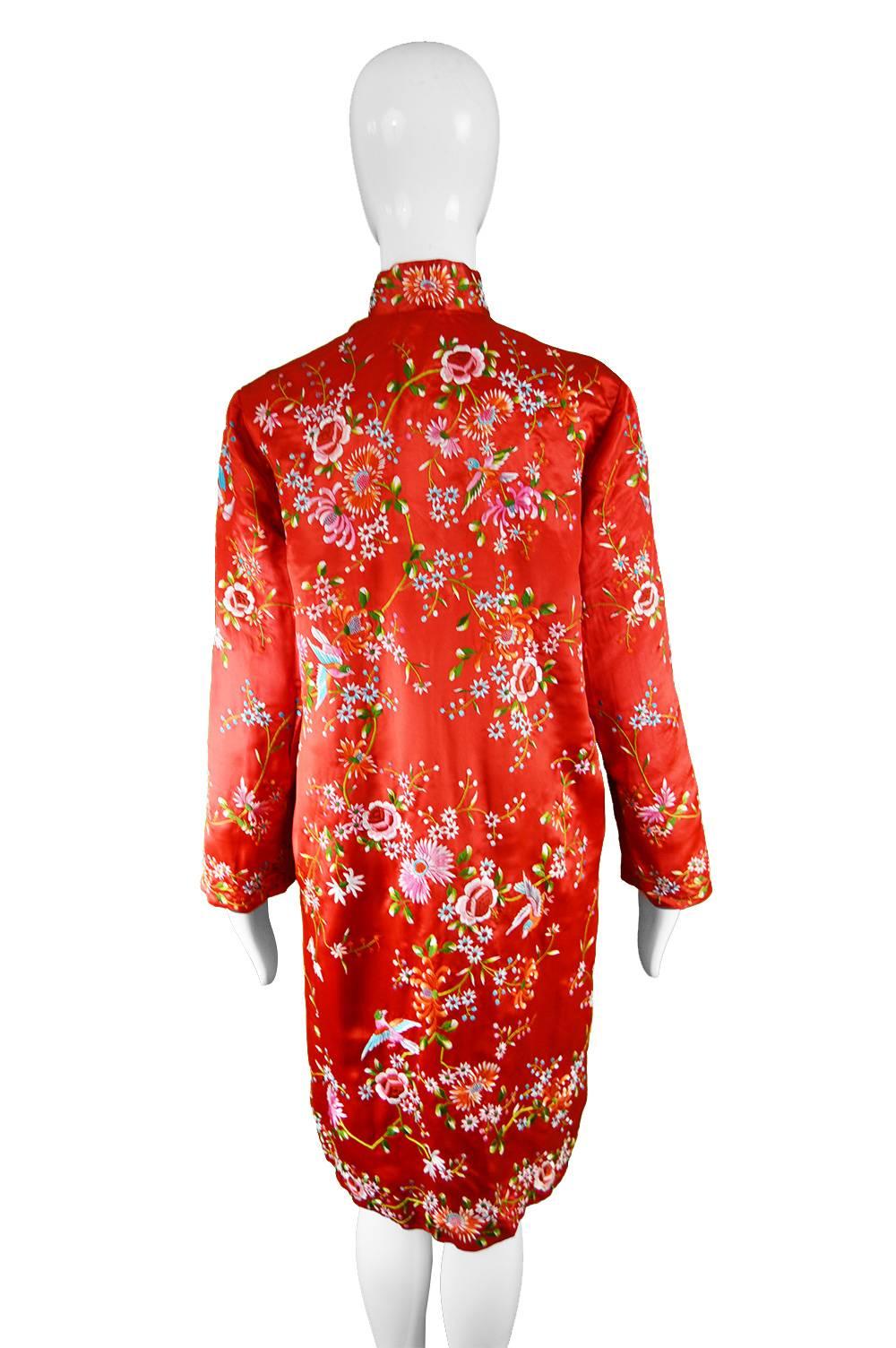 Vintage Red Silk Satin Embroidered Flowers & Bird Chinese Jacket, 1960s 4