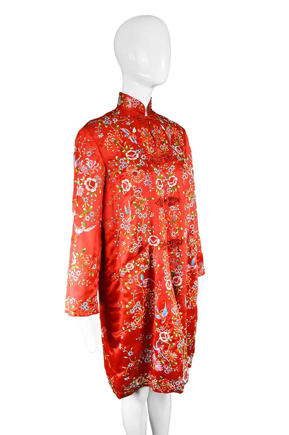 Vintage Red Silk Satin Embroidered Flowers & Bird Chinese Jacket, 1960s 3