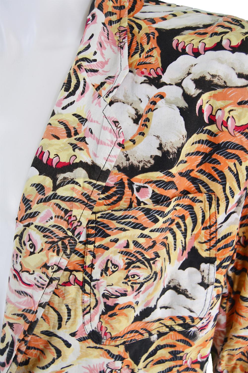 Beige Kenzo Men's Vintage Iconic Flying Tiger Print Cotton Blazer Jacket, 1980s For Sale