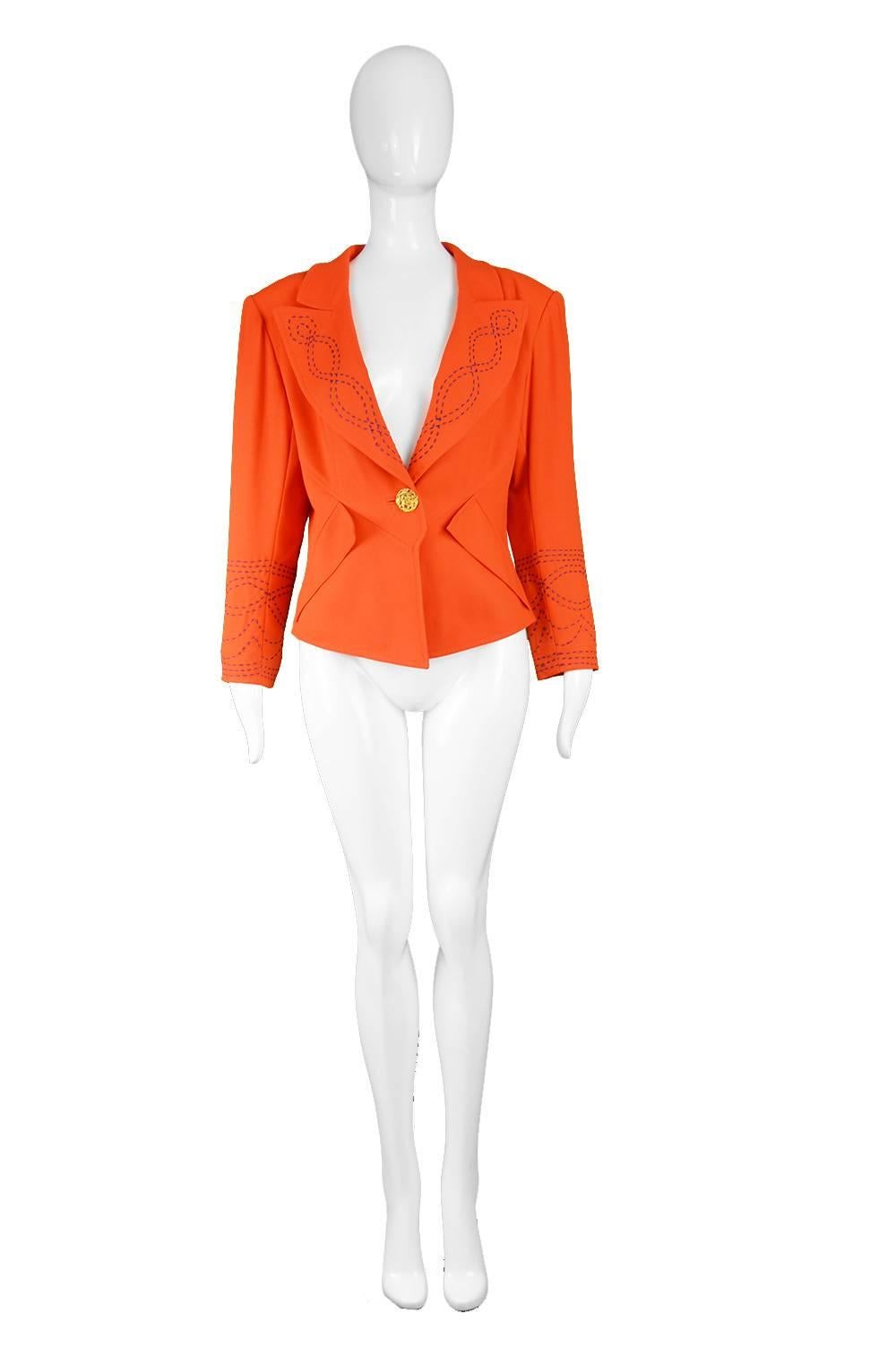 Christian Lacroix Vintage Orange Wool Blazer with Running Stitch Detail, 1980s

Estimated Size: UK 14-16/ US 10-12/ EU 42-44. Please check measurements. 
Bust - 40” / 101cm
Waist - 34” / 86cm
Length (Shoulder to Hem) - 20” / 51cm
Shoulder to
