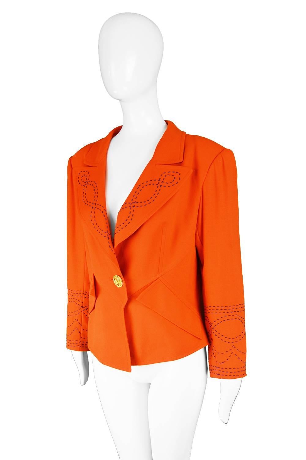 Christian Lacroix Vintage Orange Wool Blazer with Running Stitch Detail, 1980s In Excellent Condition In Doncaster, South Yorkshire