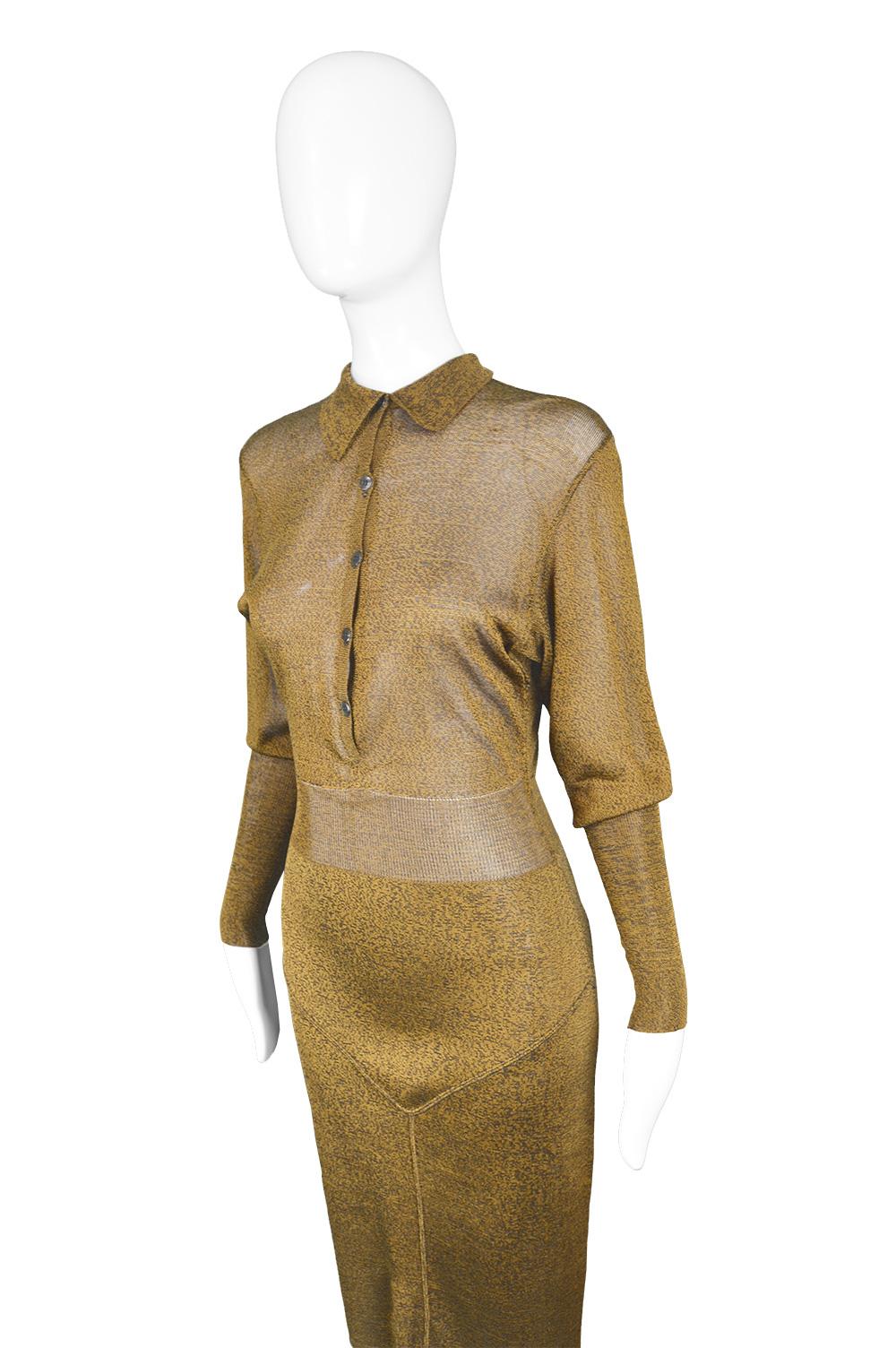 Women's Azzedine Alaia Vintage Gold and Black Rayon Knit Long Sleeve Dress, 1980s