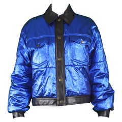 Moschino Vintage Metallic Blue Lamé Women's Bomber Puffer Jacket , 1990s