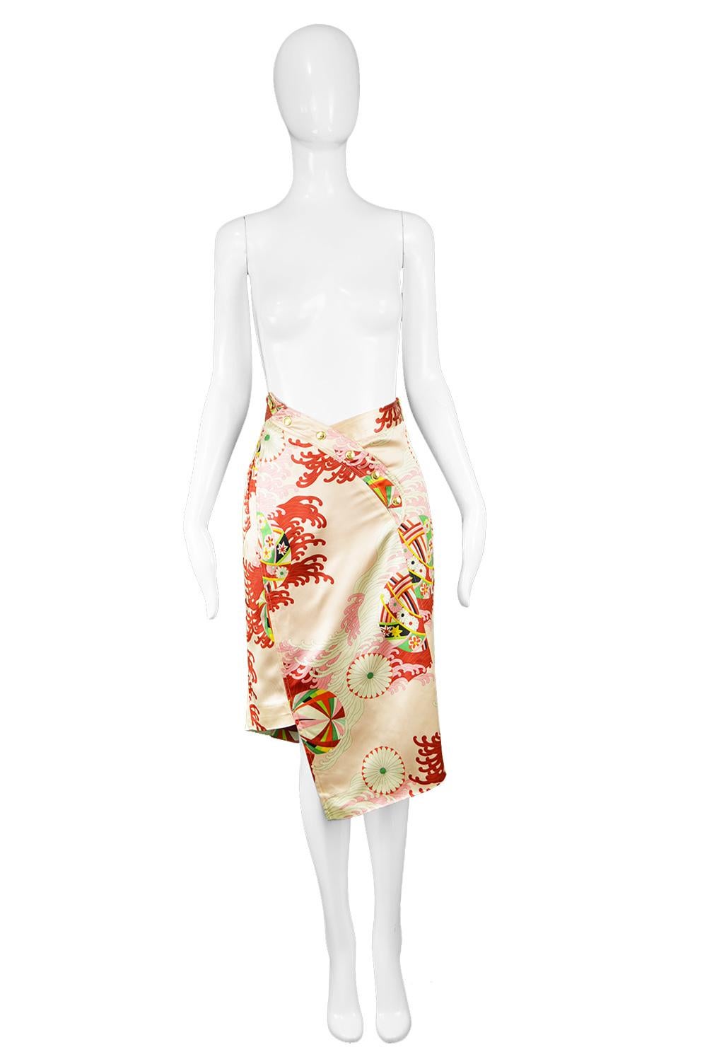 Christian Dior by John Galliano Oriental Asian Print Pink Satin Asymmetrical Skirt

Estimated Size: UK 10/ US 6/ EU 38. Please check measurements. 
Waist -  28” / 71cm
Hips - up to 38” / 96cm
Length (Waist to Hem) - 30” / 76cm

Condition: Very Good