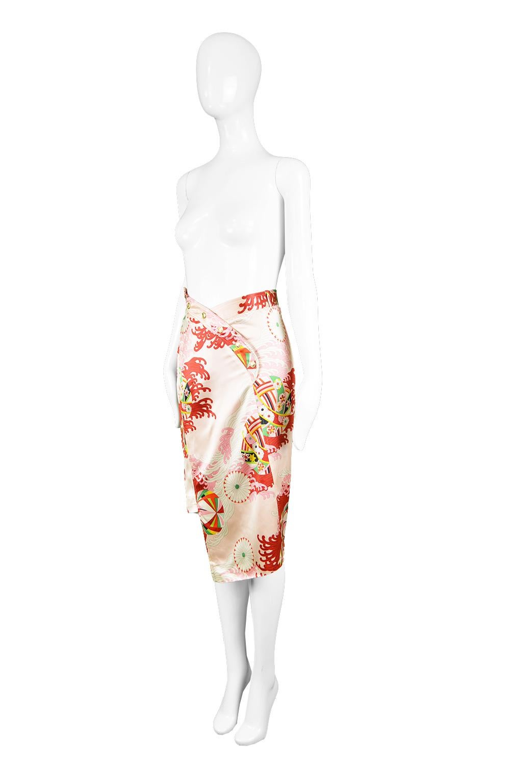 Beige Christian Dior by John Galliano Asian Print Pink Satin Asymmetrical Skirt