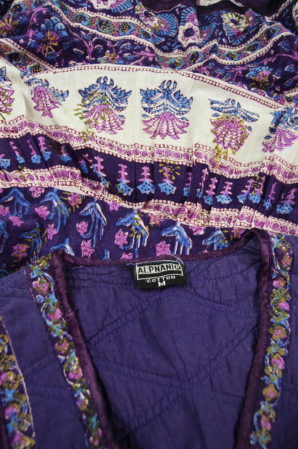 Alpnani Purple Indian Cotton Gauze Block Printed Quilted Boho Dress, 1970s For Sale 2