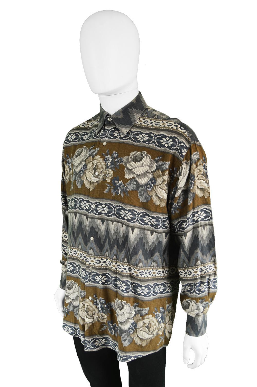 Kenzo Homme Vintage Men's Floral Needlework Pattern Button Up Shirt, 1980s 1