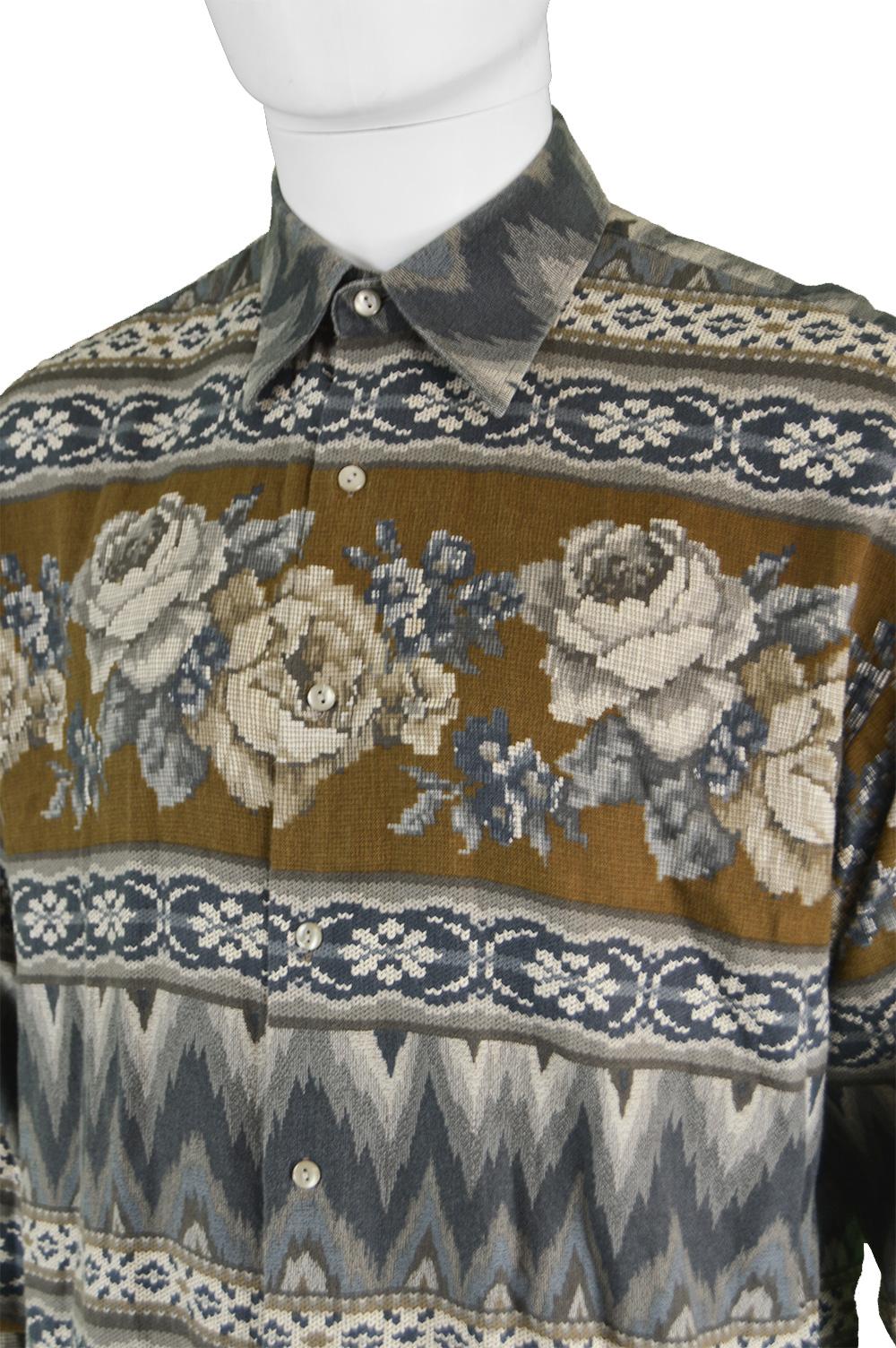 Gray Kenzo Homme Vintage Men's Floral Needlework Pattern Button Up Shirt, 1980s