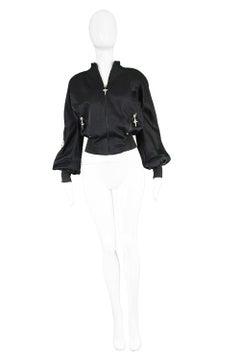 Thierry Mugler Vintage Women's Black Satin Crop Bomber Flight Jacket, 1990s