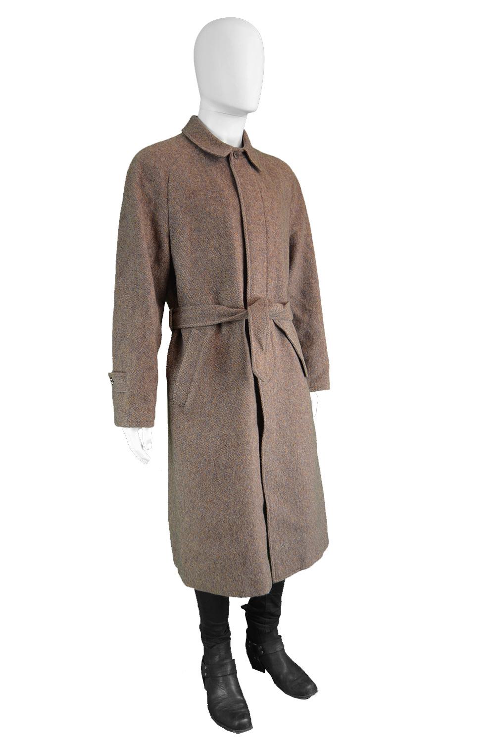 Gray Louis Feraud Men's Vintage Brown Italian Wool Tweed Fly Front Overcoat, 1980s