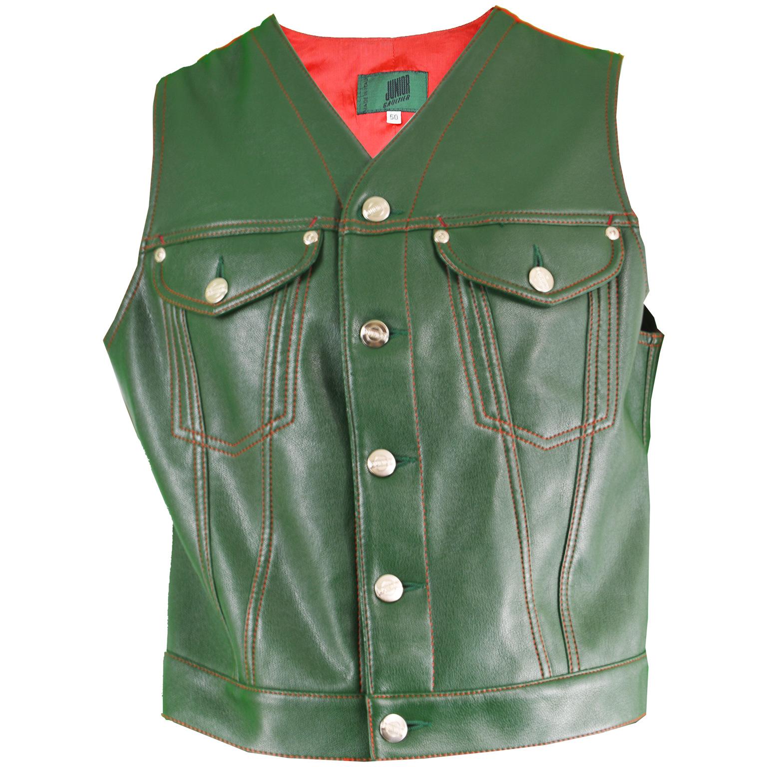 Jean Paul Gaultier Men's Green Faux Leather Vest with Red Taffeta Back, 1980s For Sale