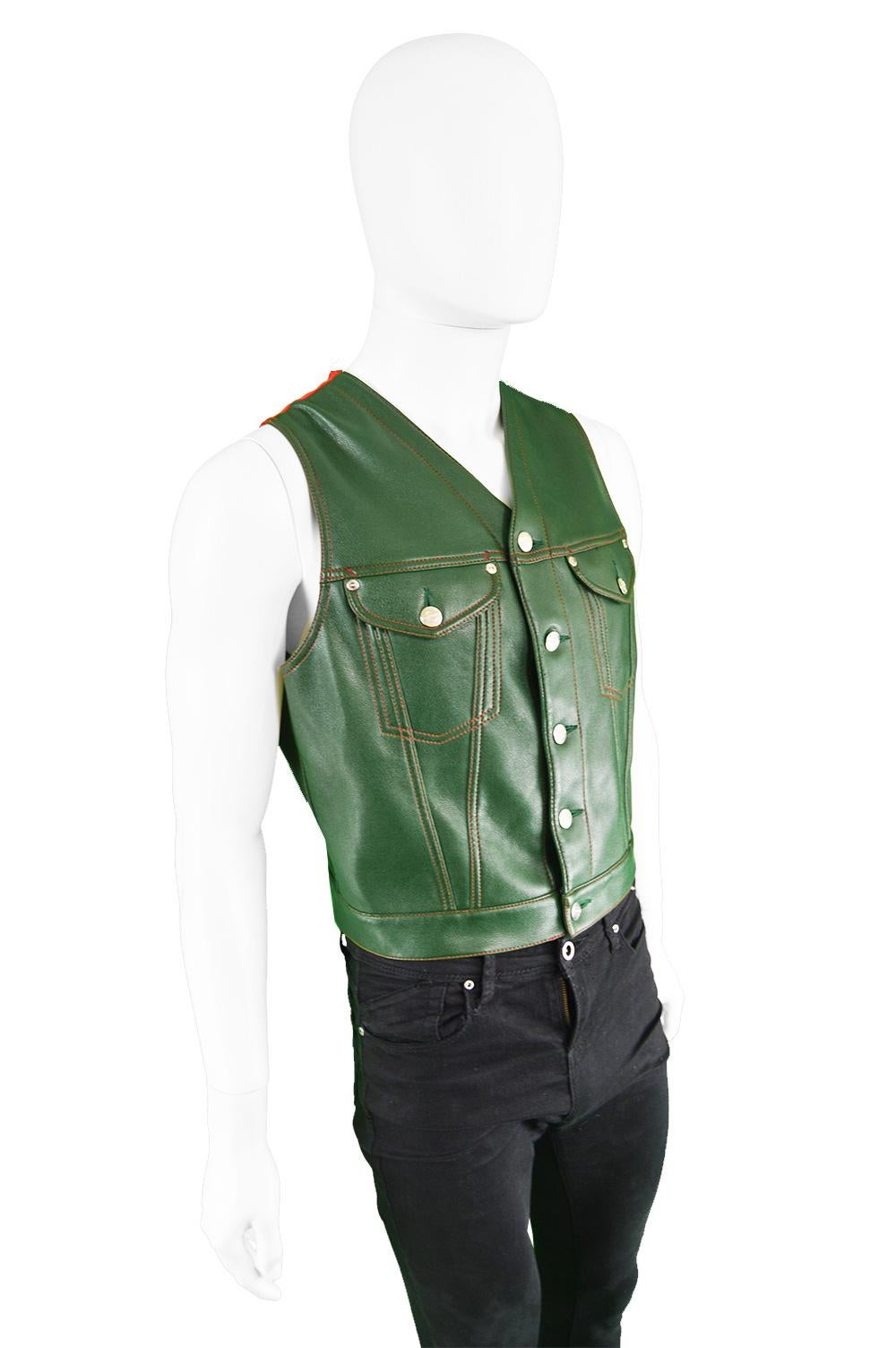 Gray Jean Paul Gaultier Men's Green Faux Leather Vest with Red Taffeta Back, 1980s For Sale