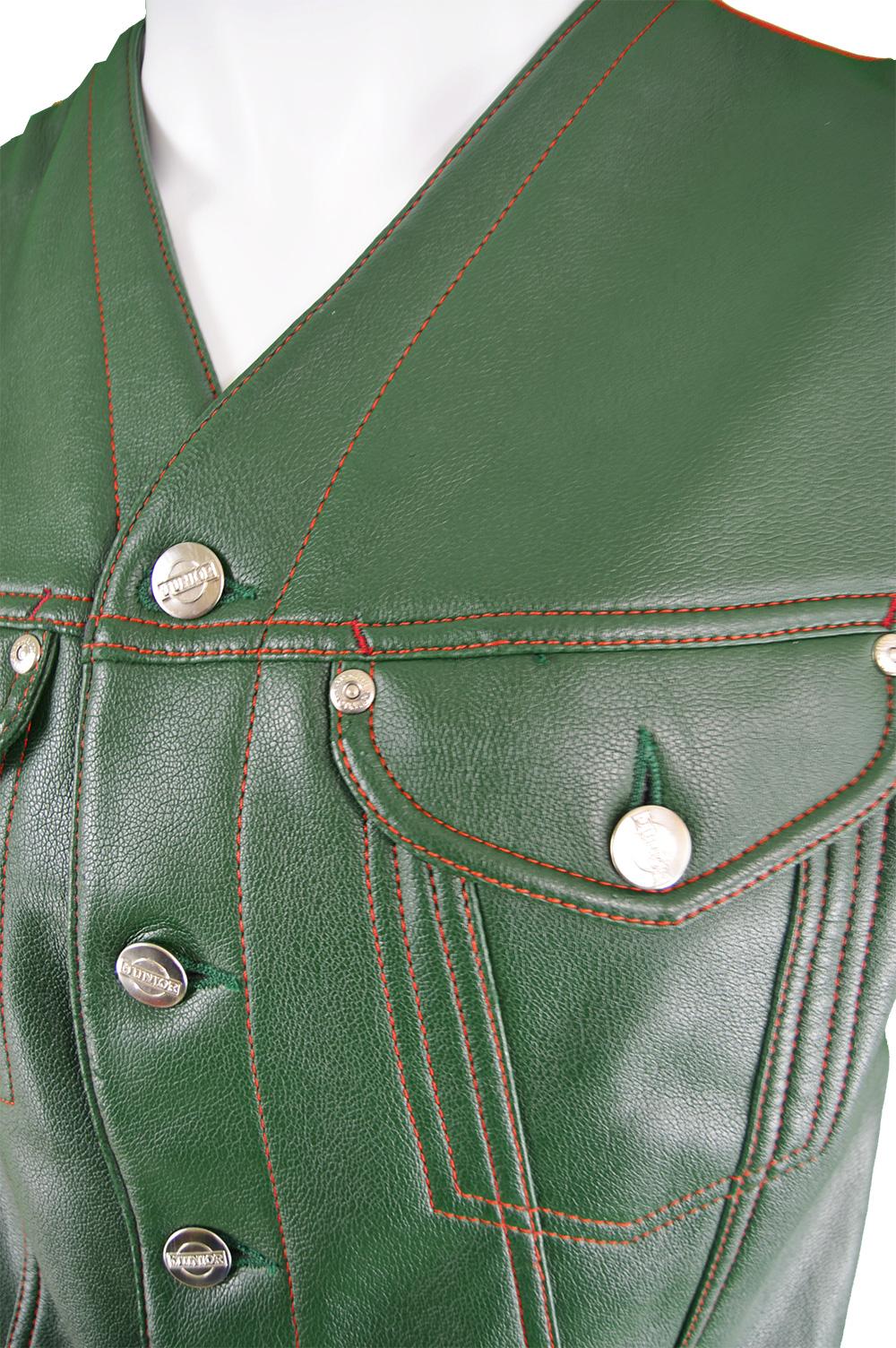 Jean Paul Gaultier Men's Green Faux Leather Vest with Red Taffeta Back, 1980s In Good Condition For Sale In Doncaster, South Yorkshire