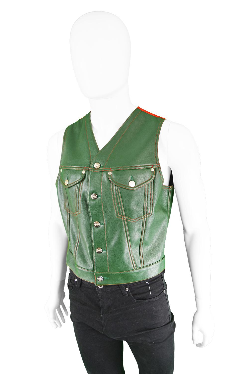 Jean Paul Gaultier Men's Green Faux Leather Vest with Red Taffeta Back, 1980s For Sale 1
