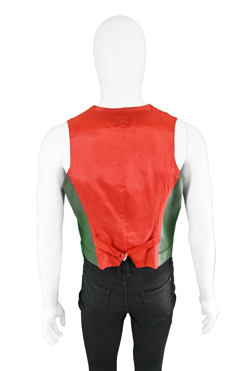 Jean Paul Gaultier Men's Green Faux Leather Vest with Red Taffeta Back, 1980s For Sale 2