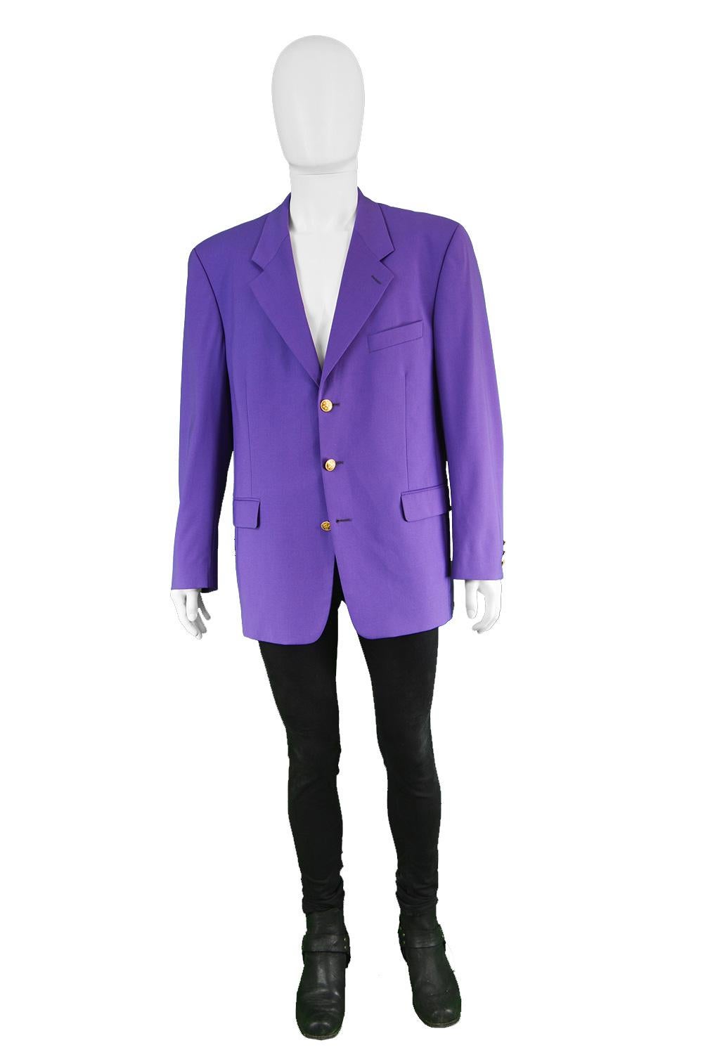 Kenzo Vintage Men's Bright Purple Pure Worsted Wool Blazer Jacket, 1980s

Size: Marked FR 52 which is roughly a men's Large. Please check measurements.
Chest - 44”  / 112cm (Allow a couple of inches room for movement)
Waist - 42” / 106cm
Length