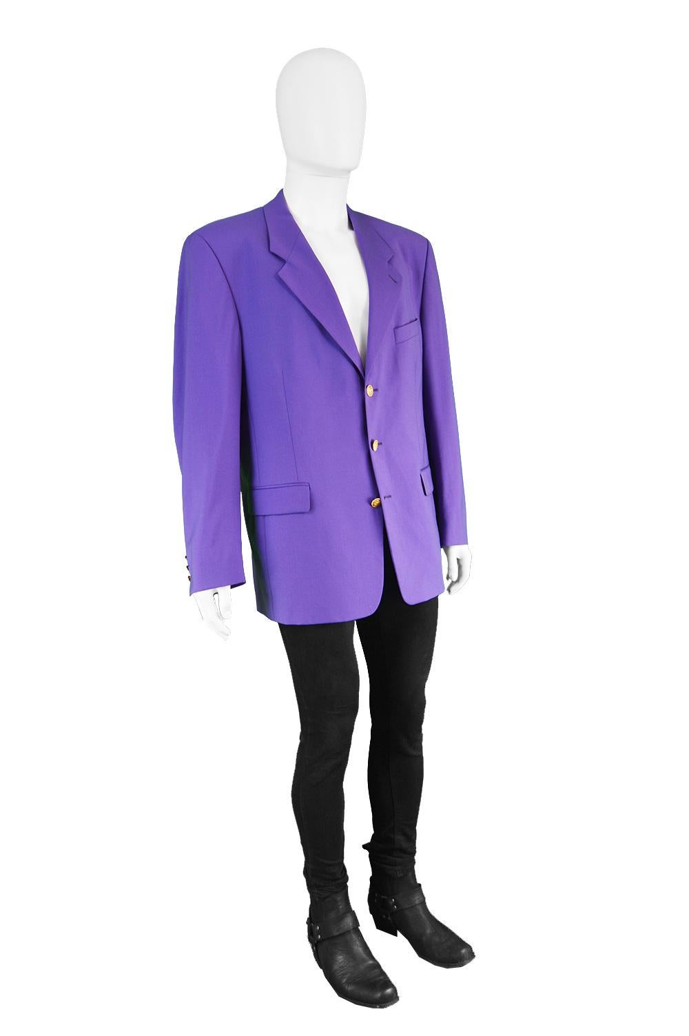 Kenzo Vintage Men's Bright Purple Pure Worsted Wool Blazer Jacket, 1980s In Excellent Condition For Sale In Doncaster, South Yorkshire