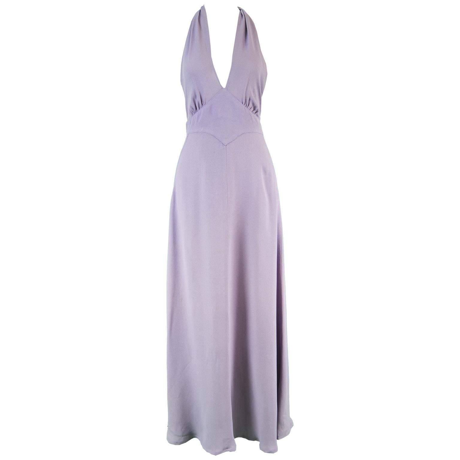 Ossie Clark Vintage Lilac Moss Crepe Halterneck Evening Gown, 1970s For Sale