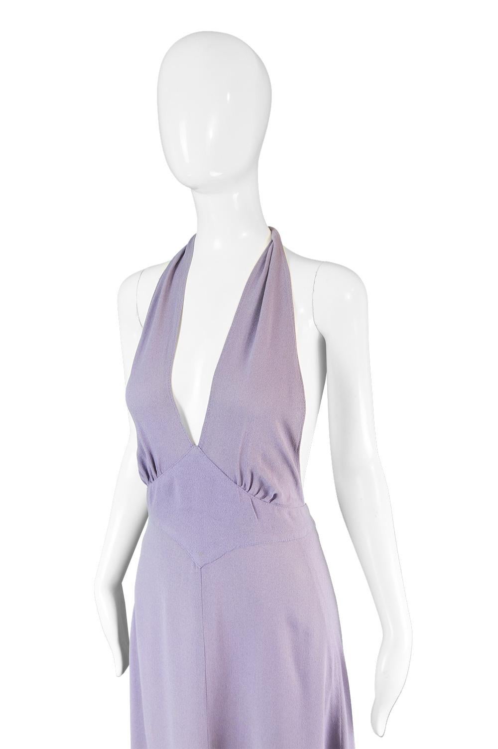 Gray Ossie Clark Vintage Lilac Moss Crepe Halterneck Evening Gown, 1970s For Sale
