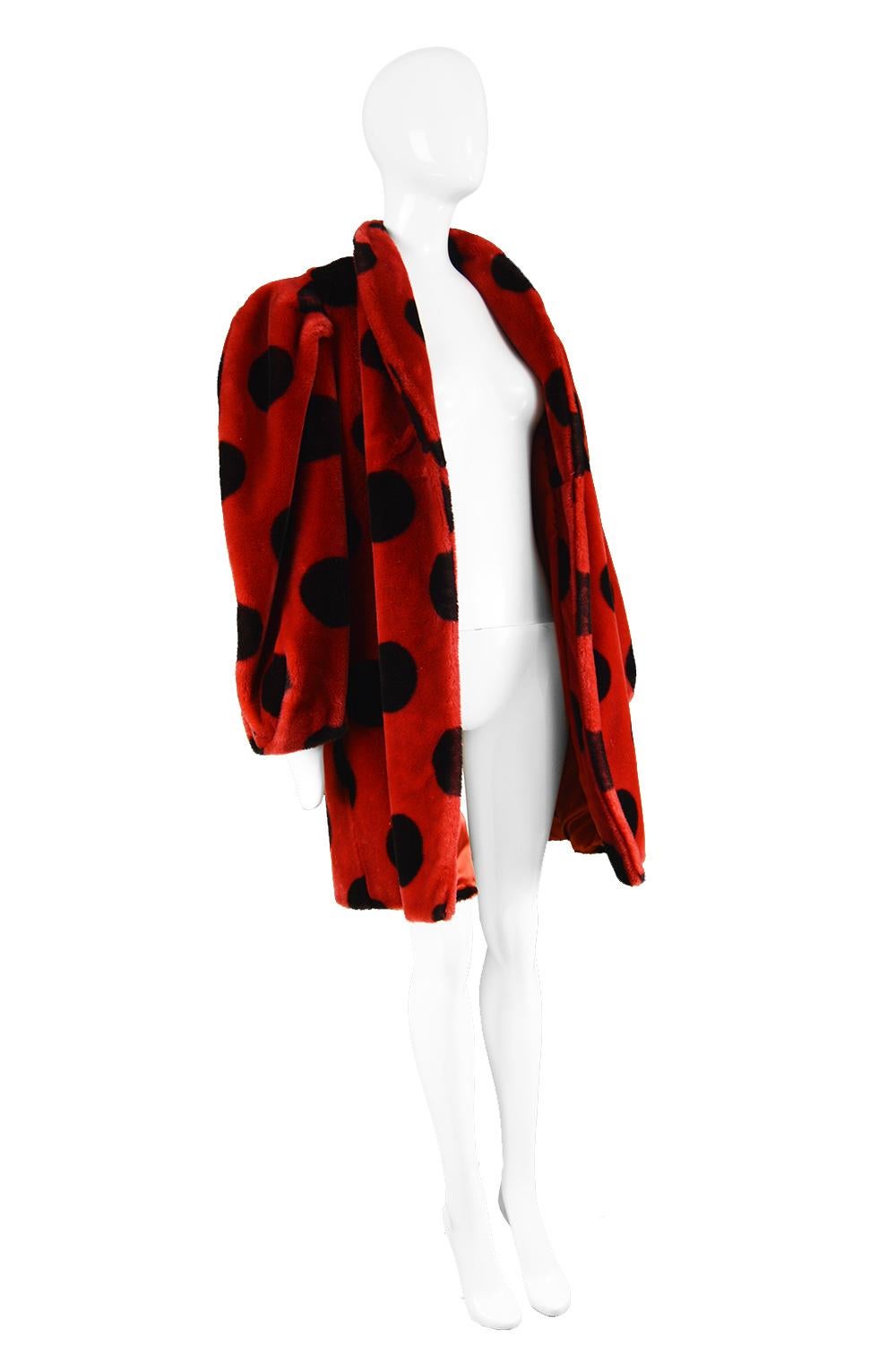 Women's Apparence Paris Striking Red & Black Polka Dot Vintage Faux Fur Coat, 1980s
