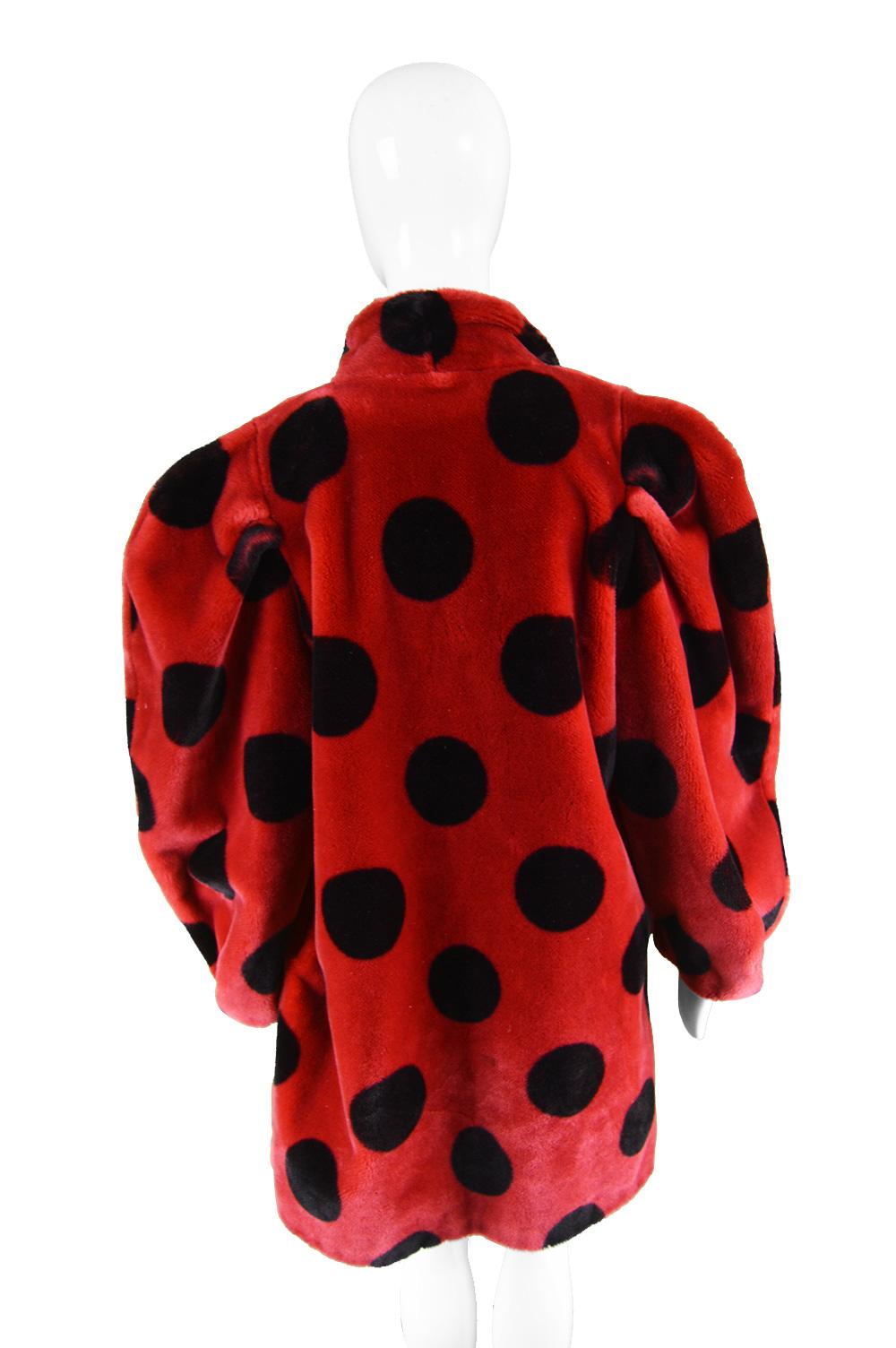 Apparence Paris Striking Red & Black Polka Dot Vintage Faux Fur Coat, 1980s 1