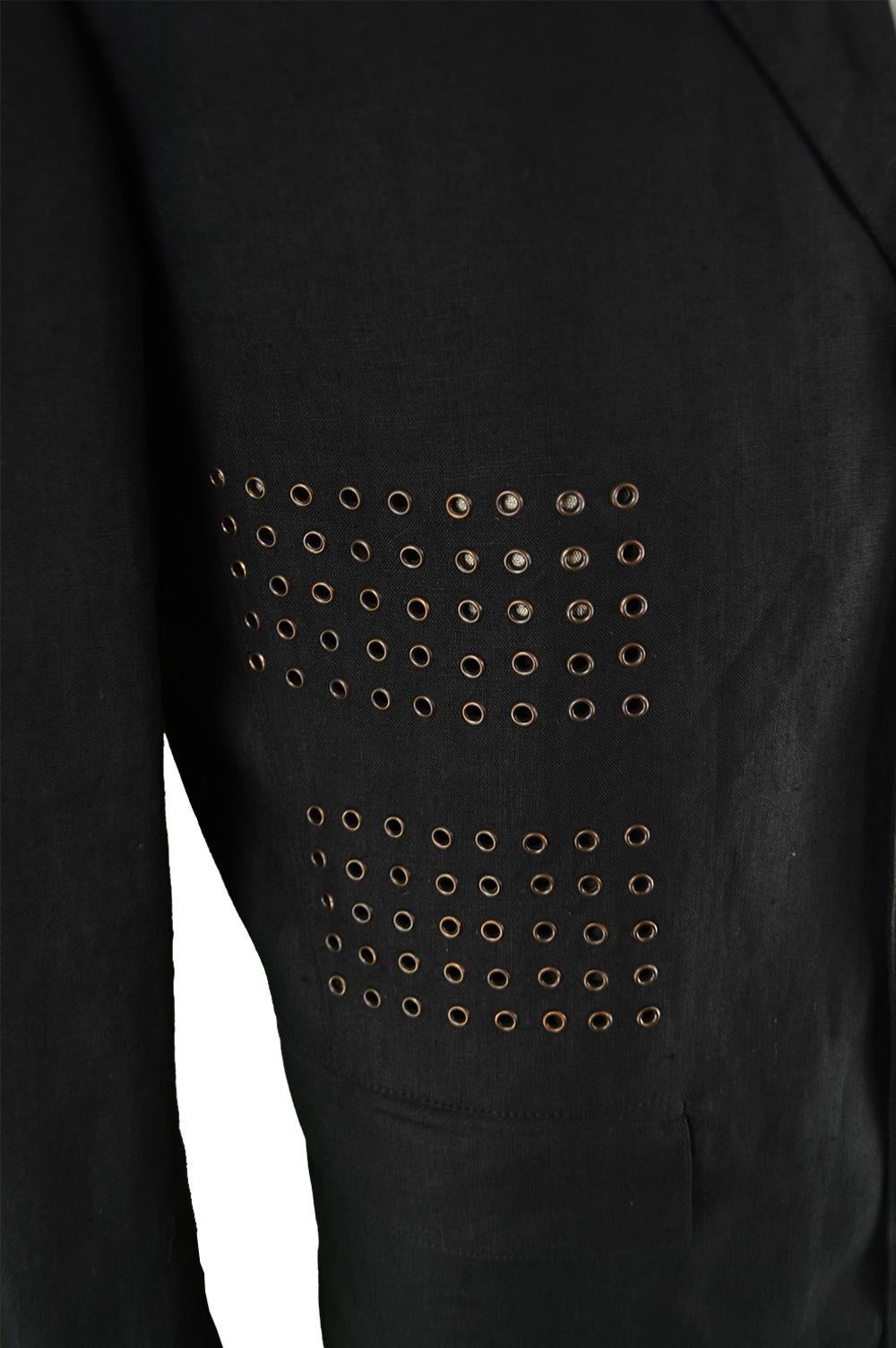 Claude Montana Men's Vintage Eyelet Detail Black Linen Blazer Jacket, 1980s In Excellent Condition In Doncaster, South Yorkshire