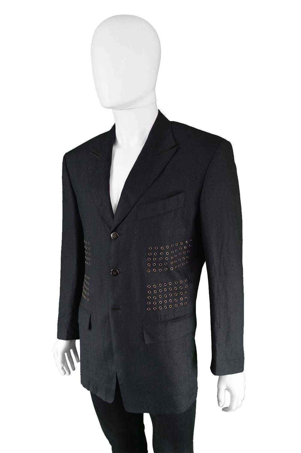 Claude Montana Men's Vintage Eyelet Detail Black Linen Blazer Jacket, 1980s 2