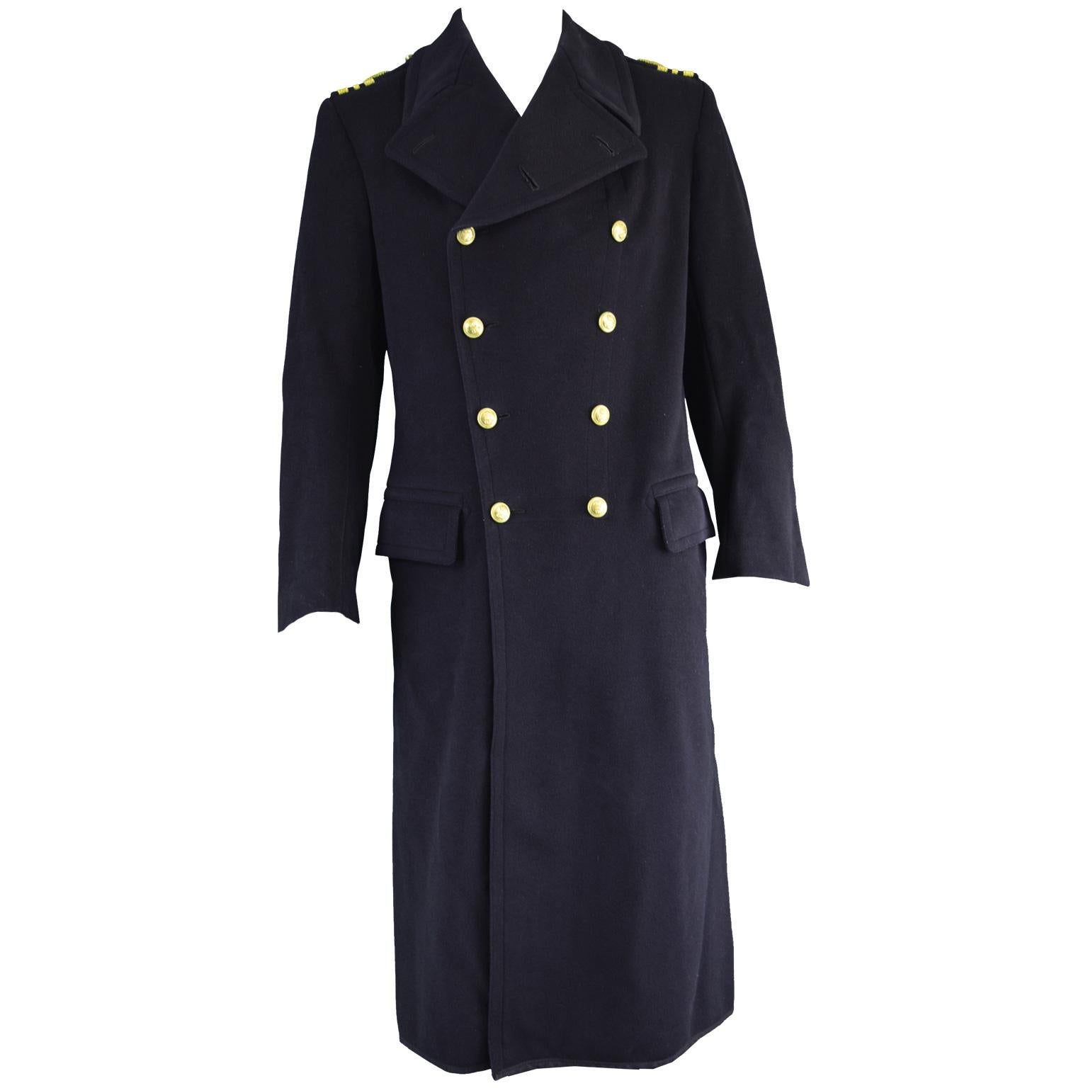 Gieves Men's Dark Blue Vintage Heavy Wool Naval Military Coat, 1940s 