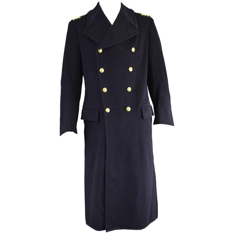 Gieves Men's Dark Blue Vintage Heavy Wool Naval Military Coat, 1940s at ...