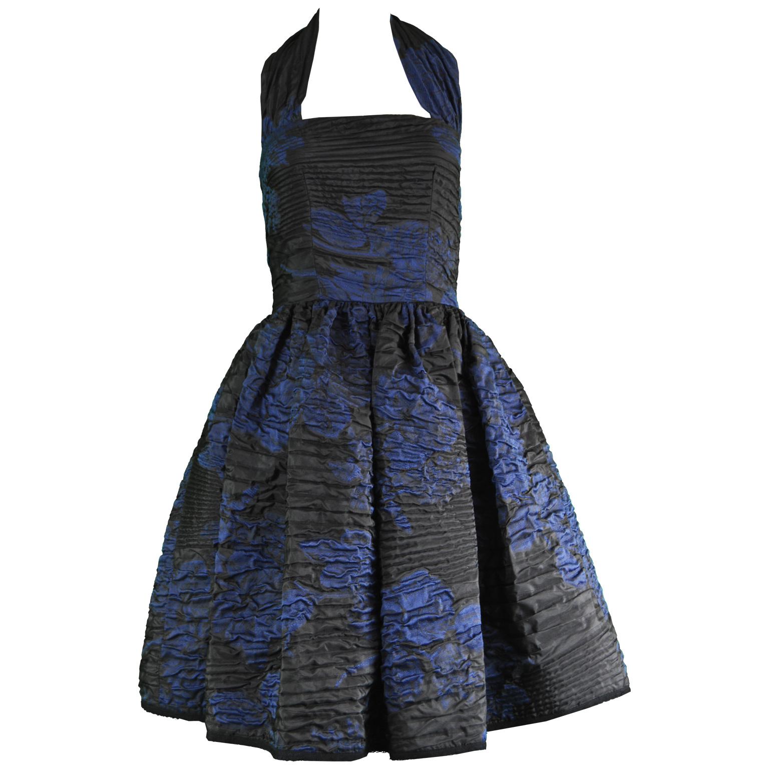 Oscar de la Renta Blue & Black Textured Silk Blend Evening Party Dress, 2010 For Sale