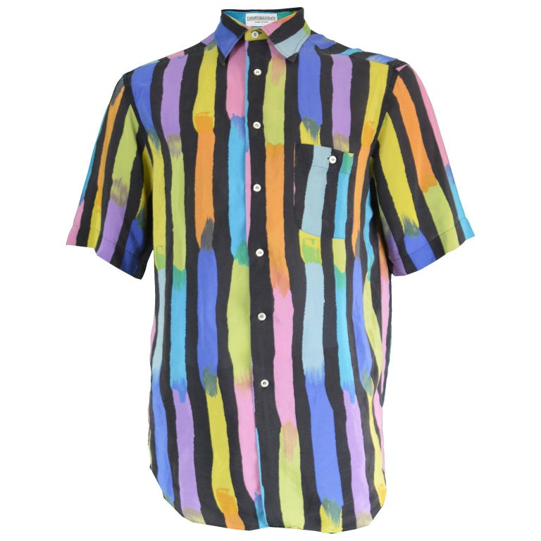 Pancaldi and B Men's Pure Silk Short Sleeve Rainbow Striped Vintage ...