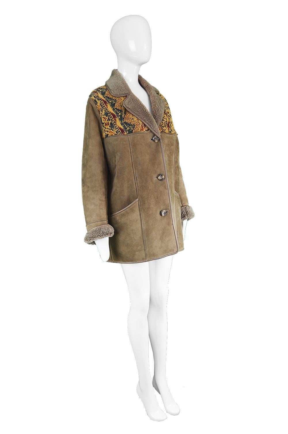 Vintage Tapestry Panelled Brown Sheepskin Shearling Lined Coat , 1970s 1