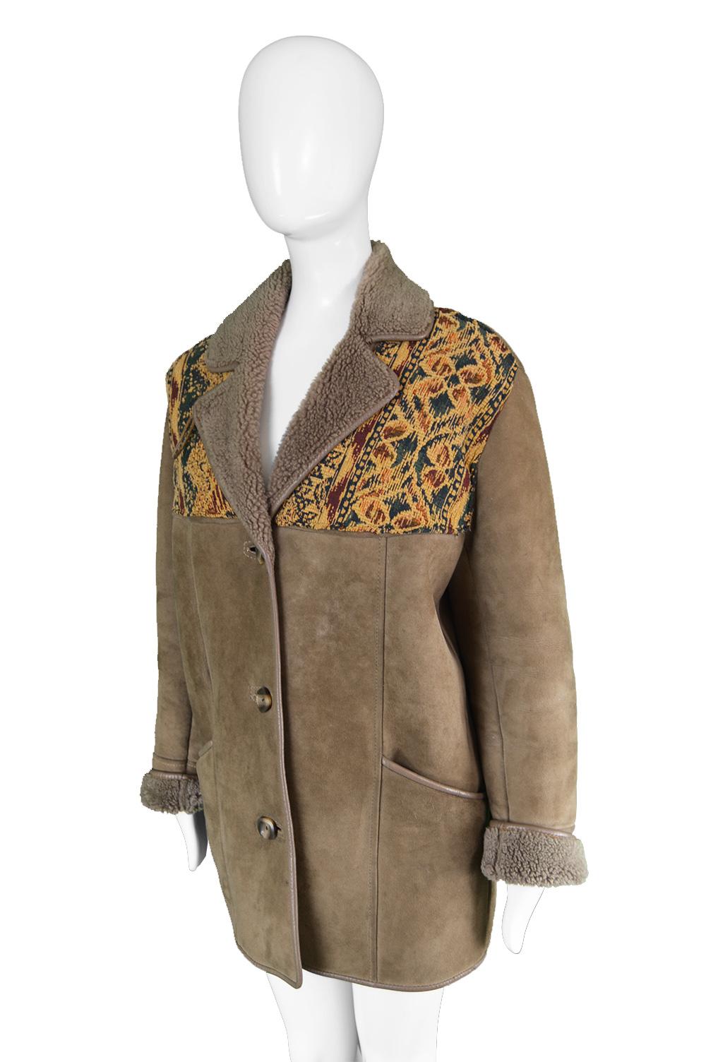 Women's or Men's Vintage Tapestry Panelled Brown Sheepskin Shearling Lined Coat , 1970s