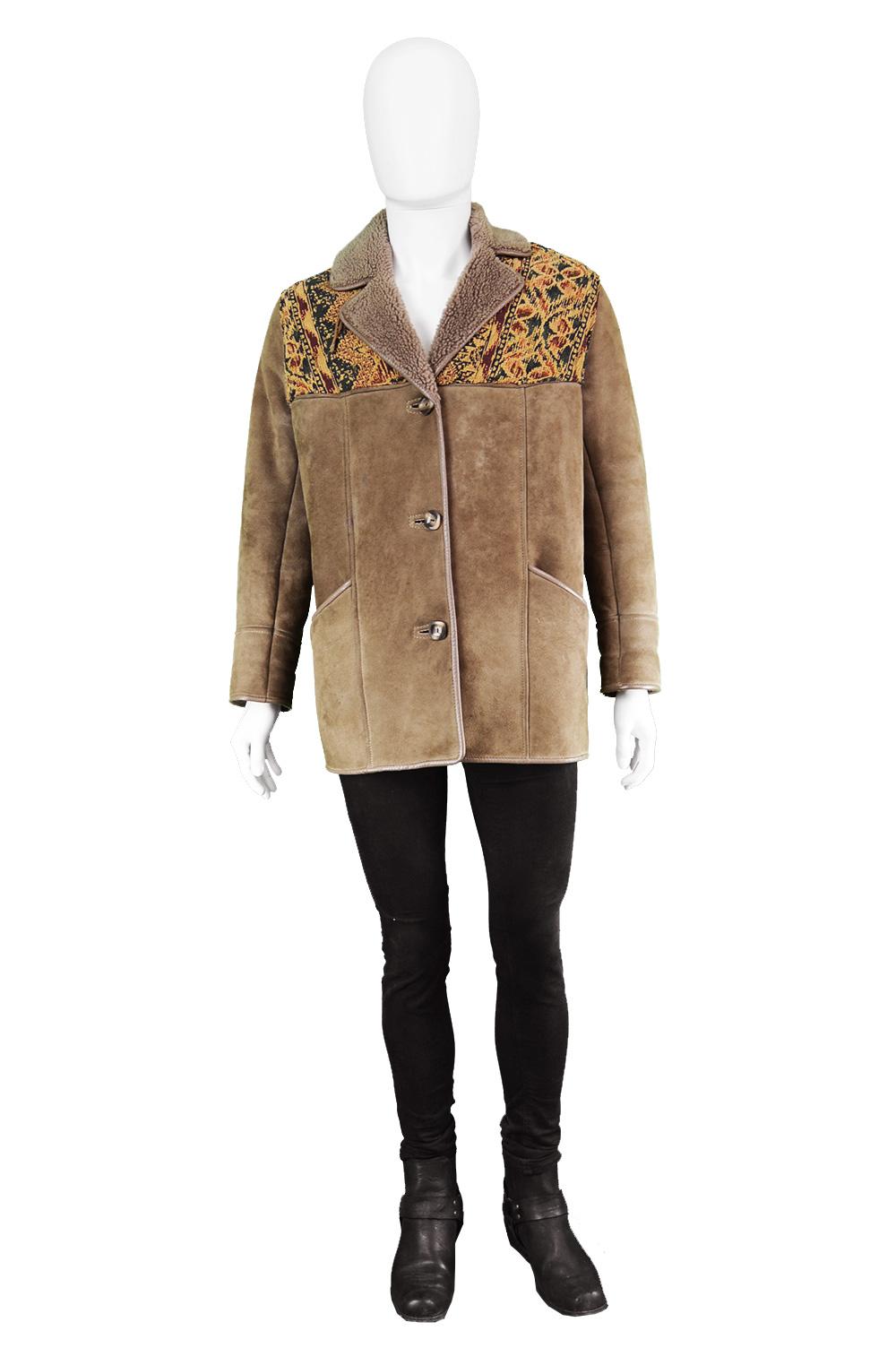 Vintage Tapestry Panelled Brown Sheepskin Shearling Lined Coat , 1970s

Size: Marked to fit 38” / 97cm chest/ bust which is roughly a men's Small / Women's Medium and gives a slightly loose fit. 
Chest - 46” / 117cm 
Waist - 46” / 117cm
Length
