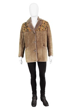 Vintage Tapestry Panelled Brown Sheepskin Shearling Lined Coat , 1970s