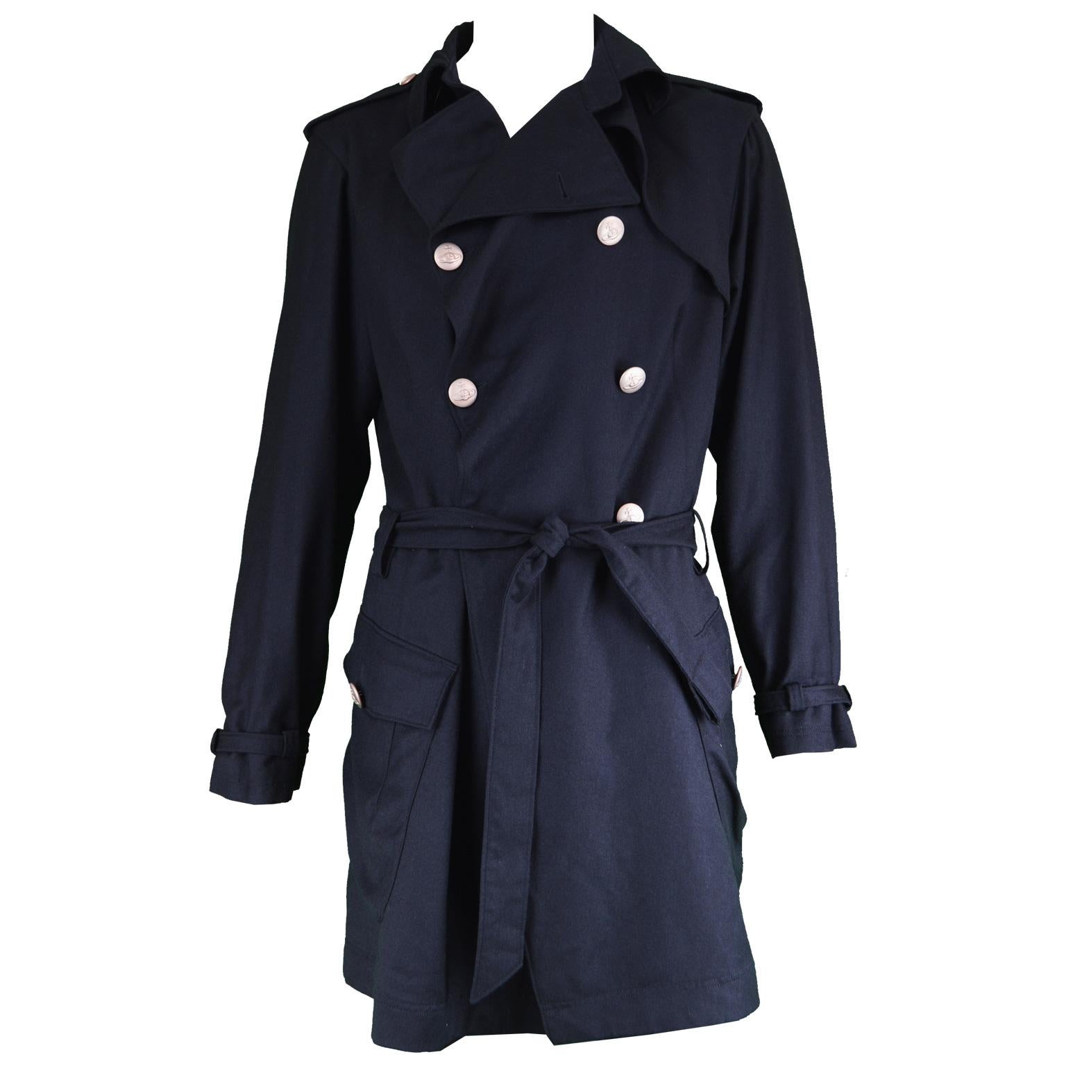 Vivienne Westwood Mens Navy Blue Wool Belted Trench Coat